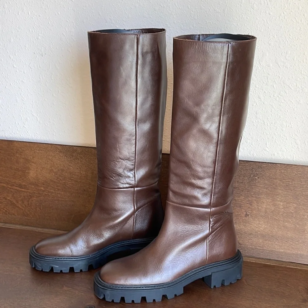 Zara Iconic Lug Heel Knee High Leather Boots Sz. 8